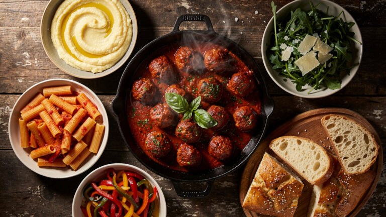 Accompagnement pour boulette de viande italienne avec pâtes, polenta et salades