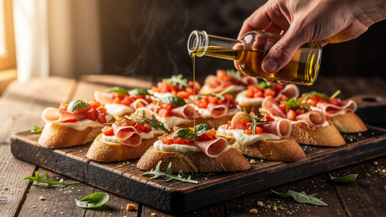 Bruschetta au jambon cru sur pain ciabatta, mozza et roquette