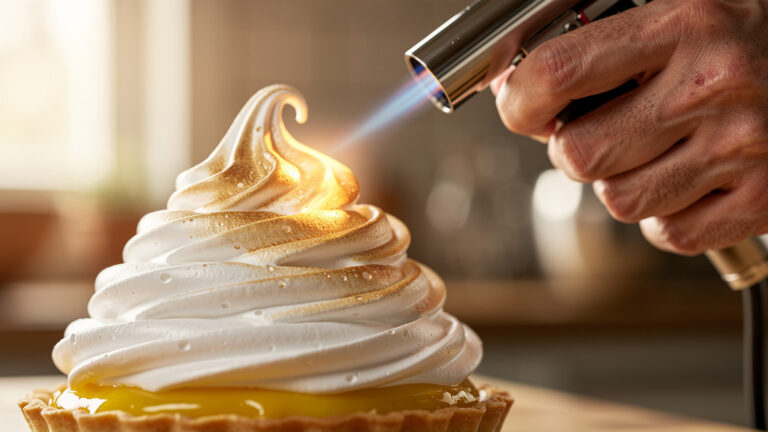 Tarte citron coiffée d’une meringue italienne dorée au chalumeau