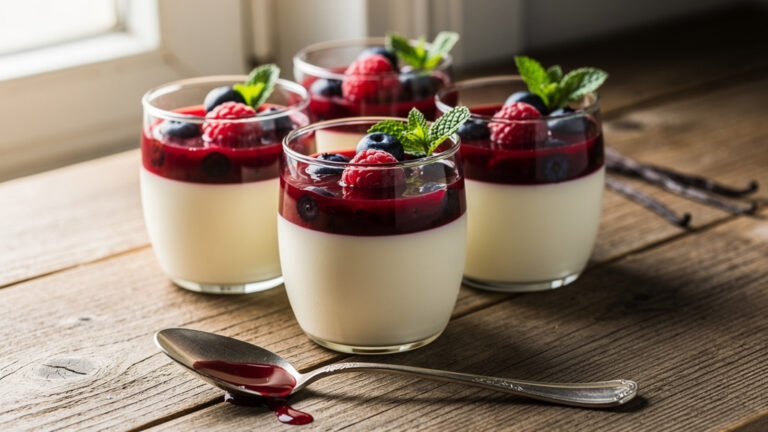 Panna cotta aux fruits rouges nappée de coulis maison