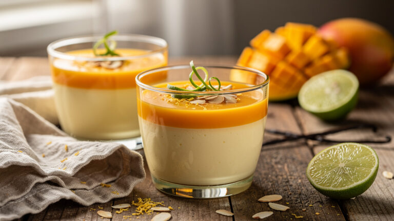 Verrines de panna cotta à la mangue, coulis et zeste