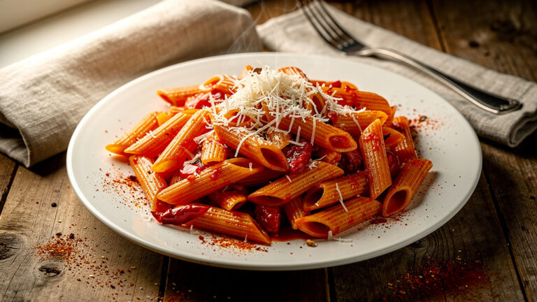 Assiette de penne all'arrabbiata, sauce brillante et pecorino