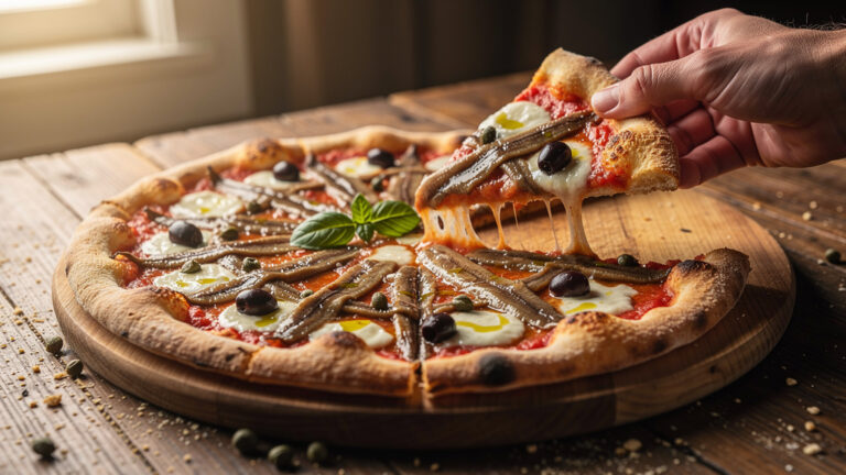 Pizza aux anchois dorée avec quadrillage, olives et câpres