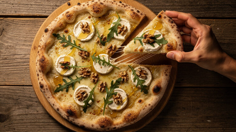 Pizza chèvre miel dorée avec roquette et filet de miel