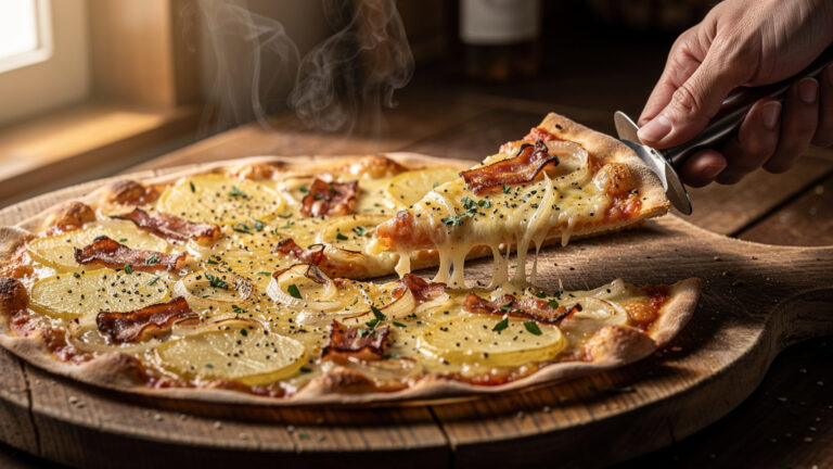 Pizza raclette croustillante, fromage fondu, pommes de terre et lardons