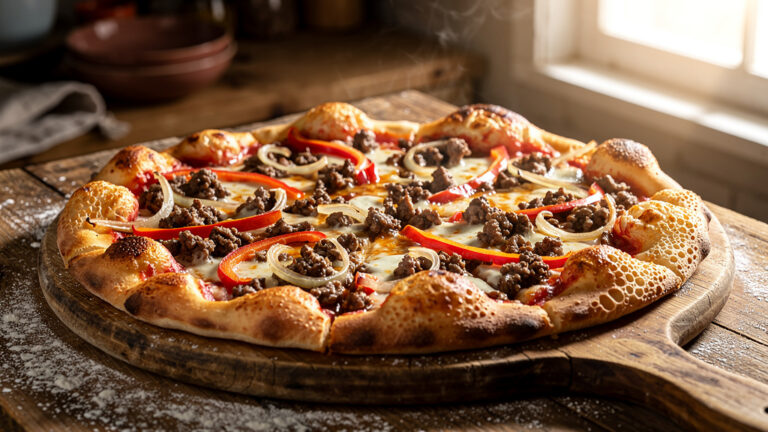 Pizza à la viande hachée, corniche dorée et fromage filant