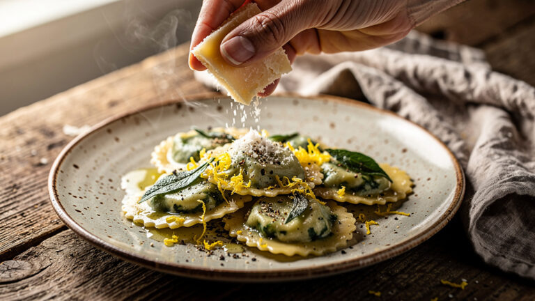 Assiette de raviolis à la ricotta et aux épinards au beurre-sauge