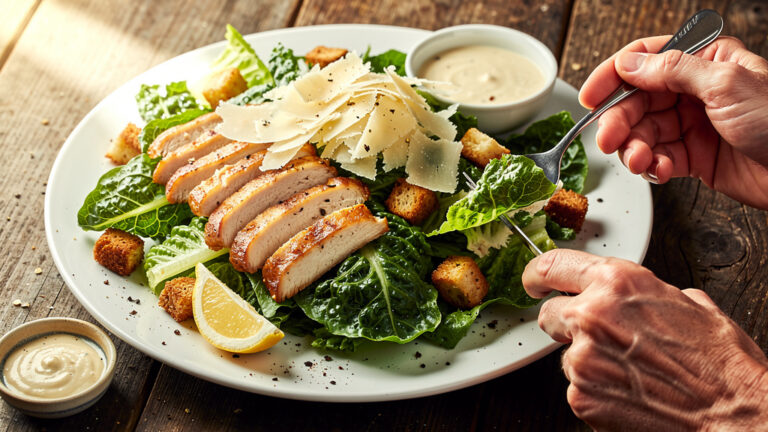 Vraie recette de la salade César au poulet, dressage final