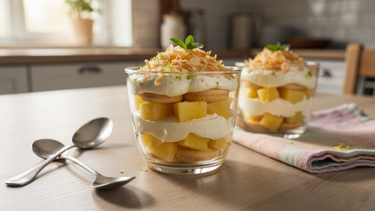 Tiramisu à l’ananas en verrines avec coco et menthe