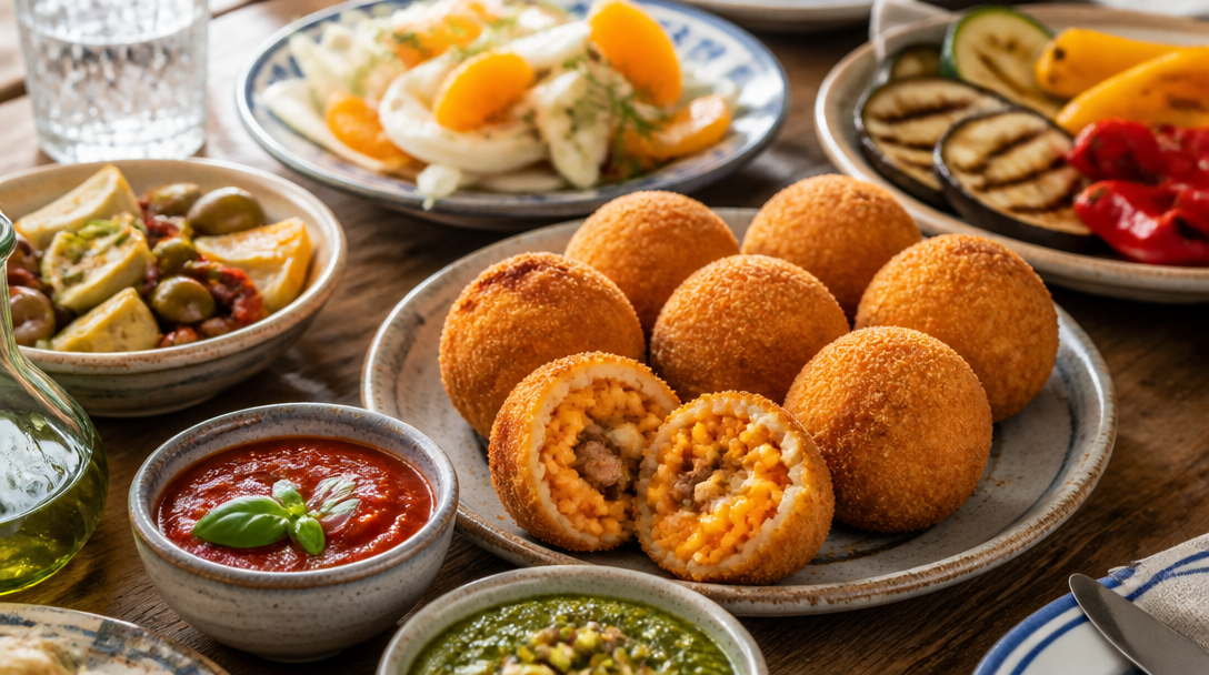 Accompagnement des arancini avec sauces, salades et légumes