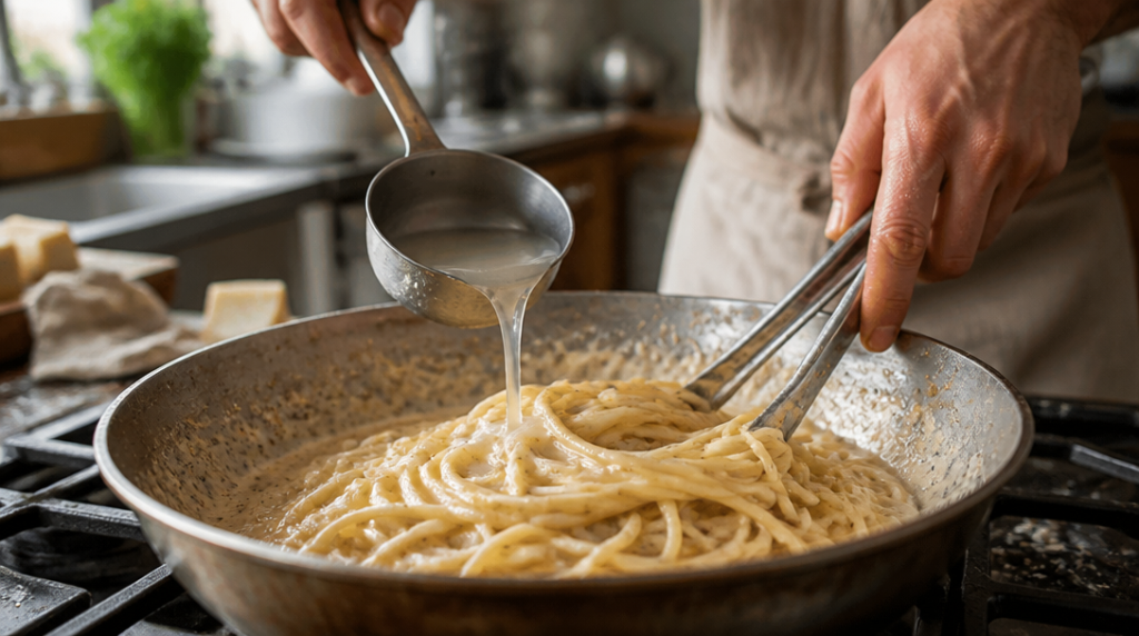 Ajout d'eau de cuisson dans la sauce cacio e pepe