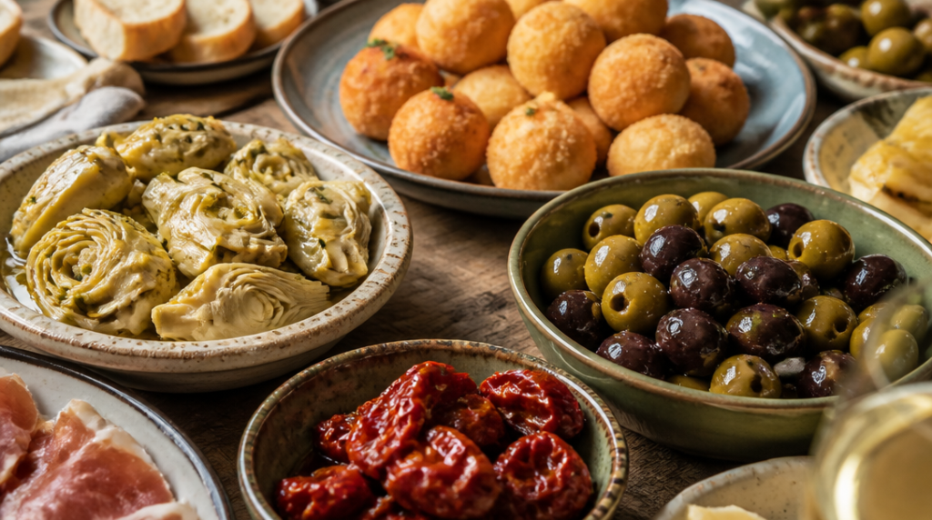 Antipasti italiens avec artichauts, olives et arancini