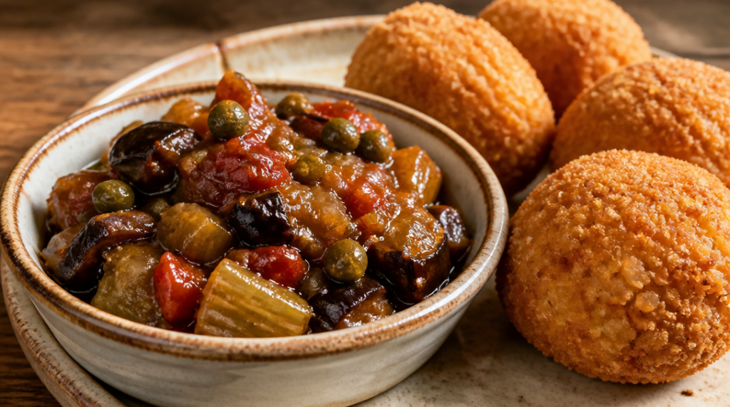 Caponata sicilienne servie avec arancini dorés