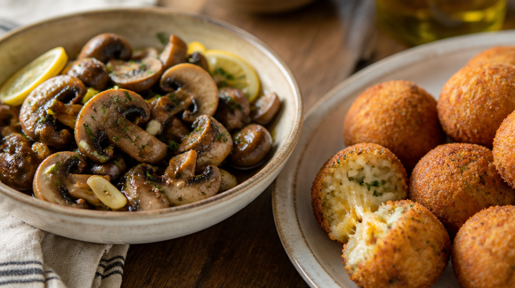 Champignons marinés aux herbes avec arancini fromage