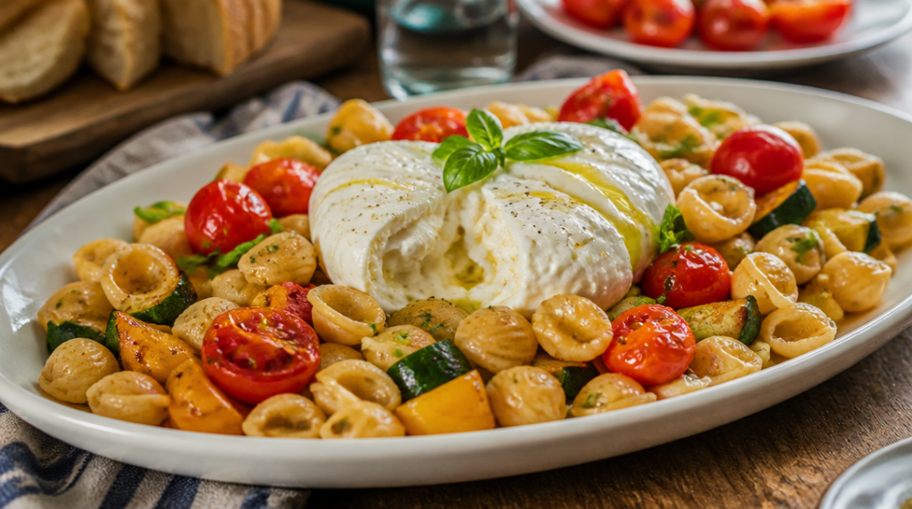 Coquillettes aux légumes rôtis et burrata