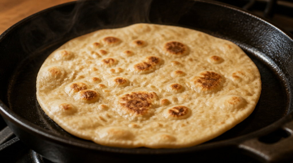 Piadina gonflée cuisant dans une poêle chaude