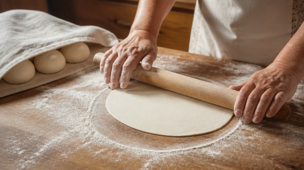 Pâte à piadina étalée finement au rouleau