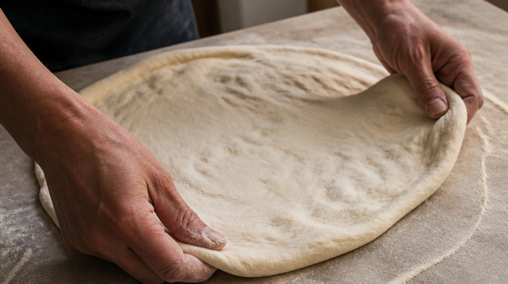 Mains étalant une pâte à pizza napolitaine