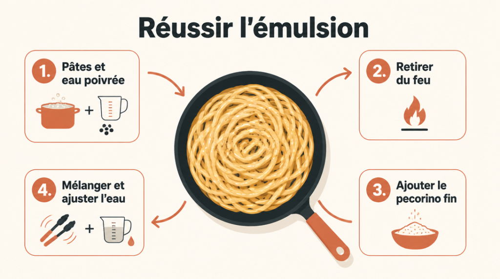 Étapes de l'émulsion au pecorino romano
