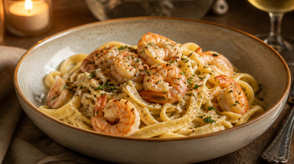 Fettucine crémeuses aux crevettes et à l'ail