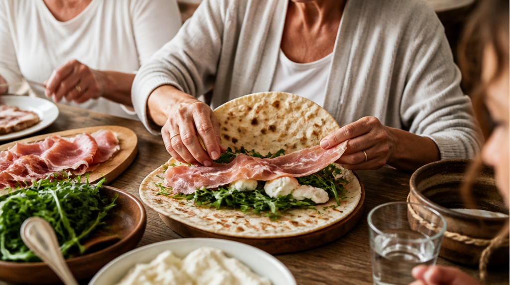 Piadina au jambon cru, fromage et roquette