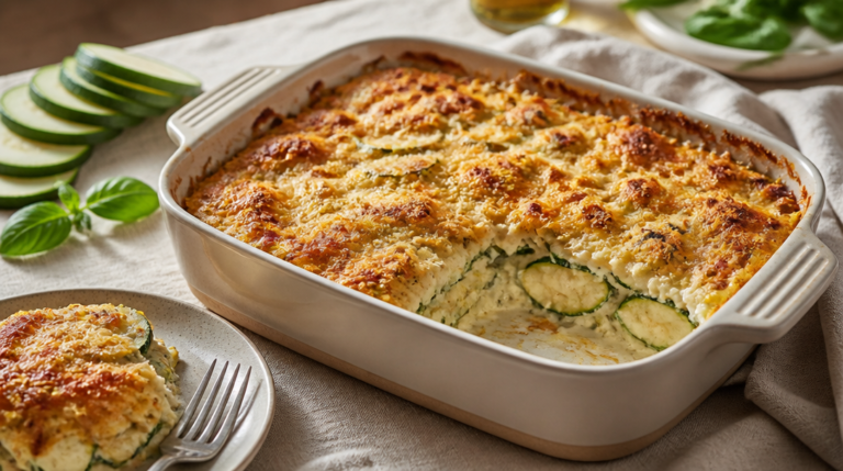 Gratins de courgettes dorés dans un plat familial