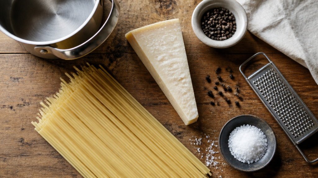 Pecorino romano, poivre noir et spaghetti pour cacio e pepe