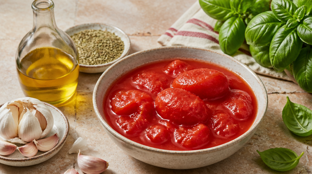 Tomates ail origan et huile pour pizza napolitaine