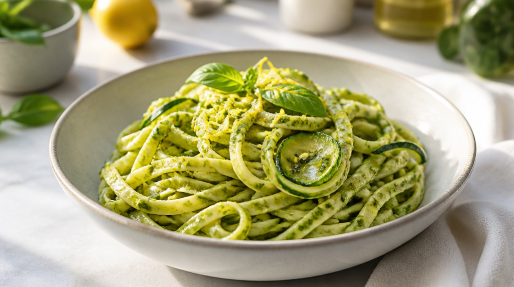 Linguine au pesto avec courgette et citron