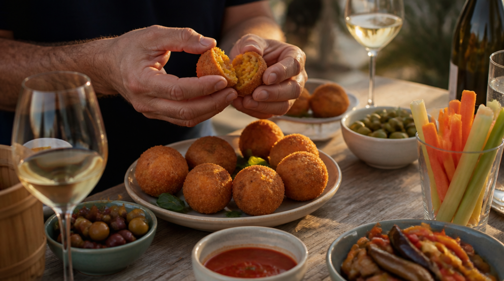 Mini arancini à l’apéritif avec assortiment d’antipasti
