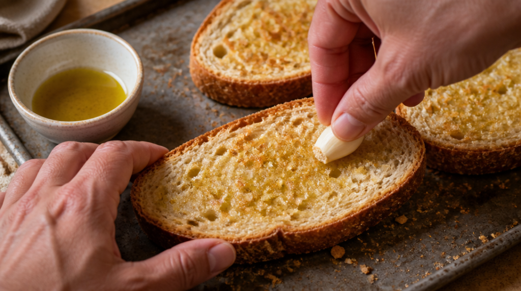 Pain bruschetta croustillant huilé et frotté à l’ail