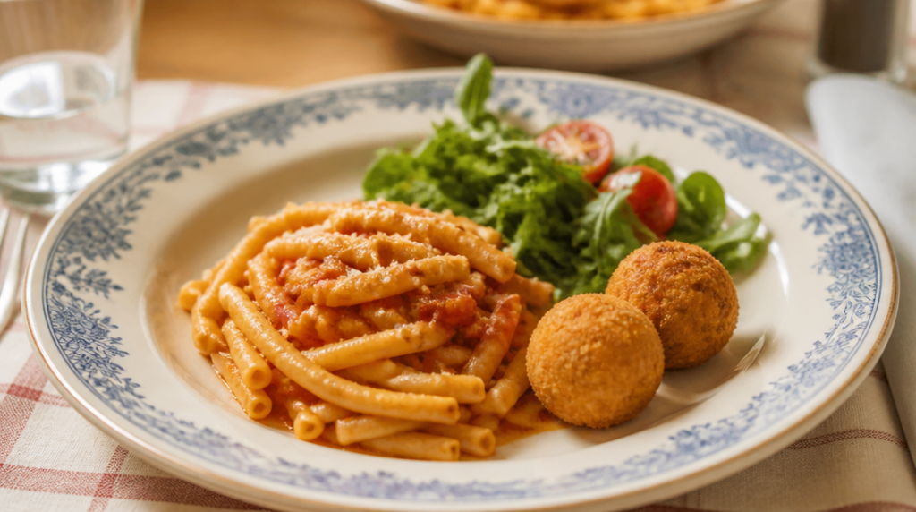Pâtes fraîches avec arancini et salade italienne