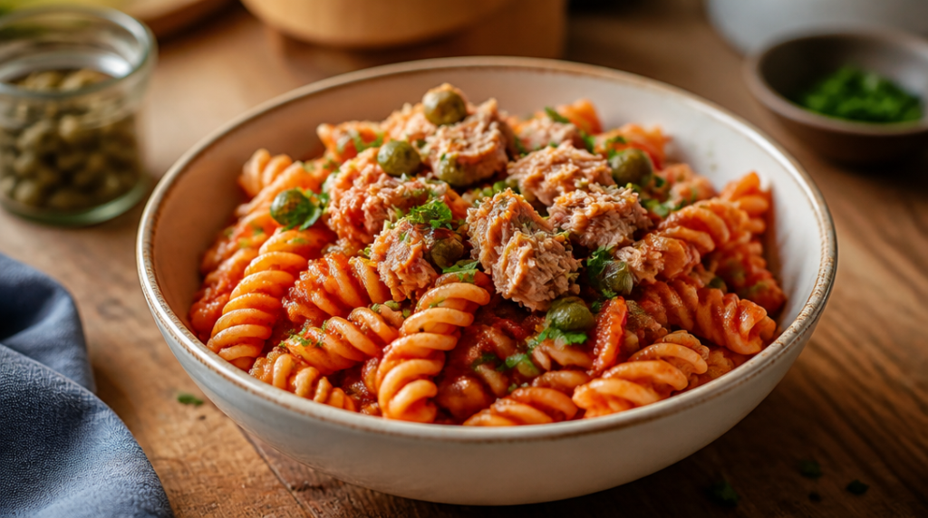 Fusilli au thon, tomate et câpres