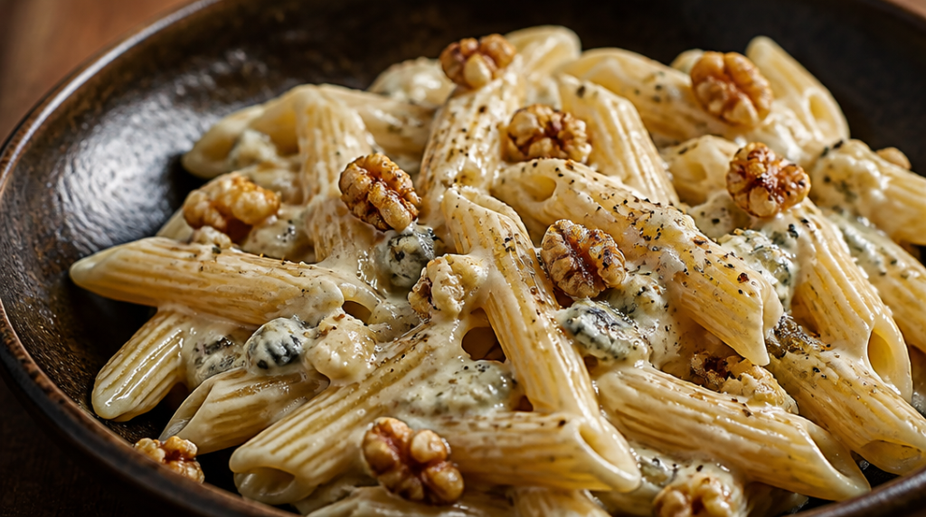 Penne au gorgonzola avec noix croquantes
