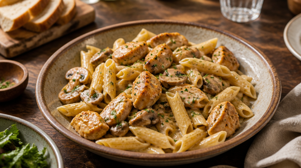 Penne crémeuses au poulet et champignons de Paris