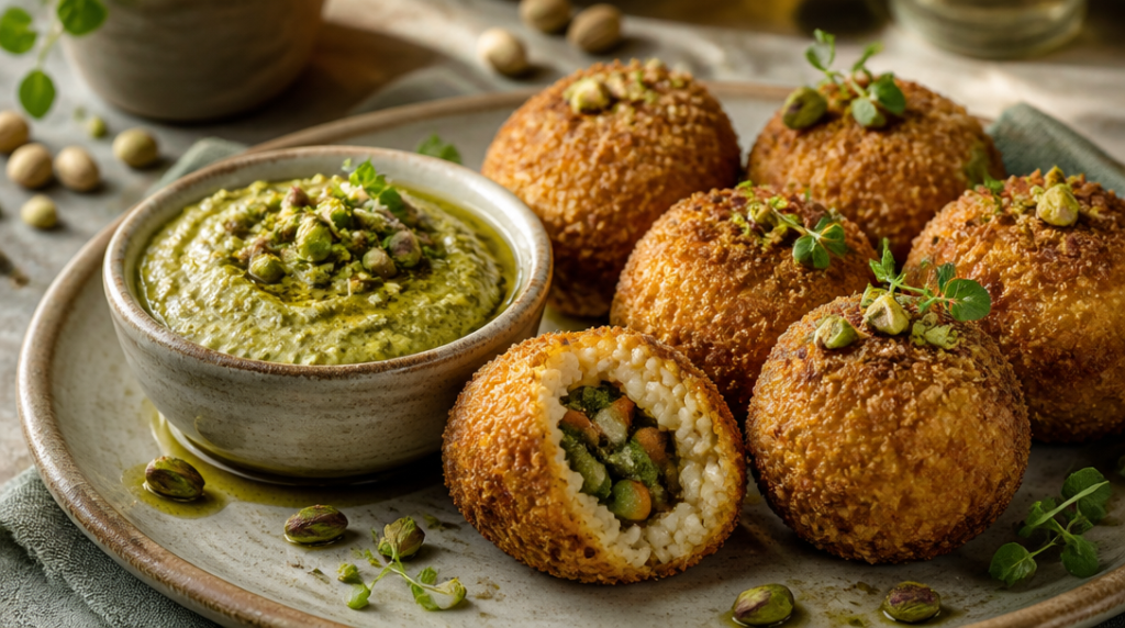 Sauce pesto de pistache pour arancini aux légumes
