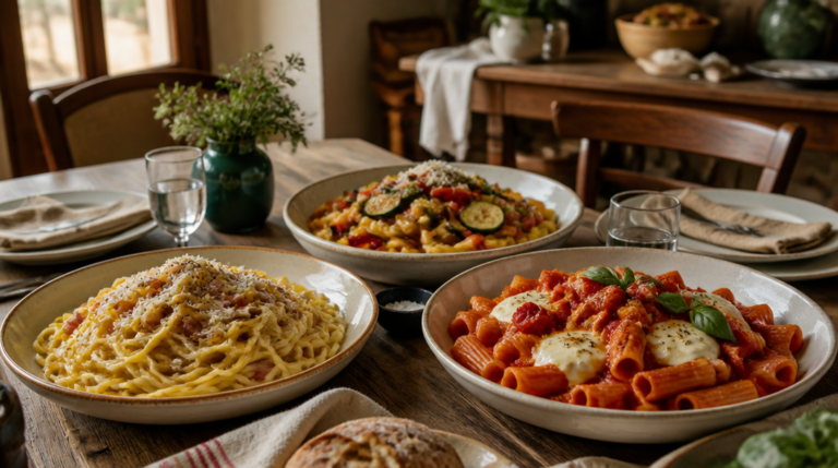 Recette de pâtes variées sur une table familiale