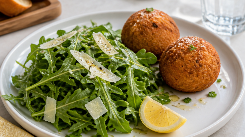 Salade roquette parmesan et arancini au fromage