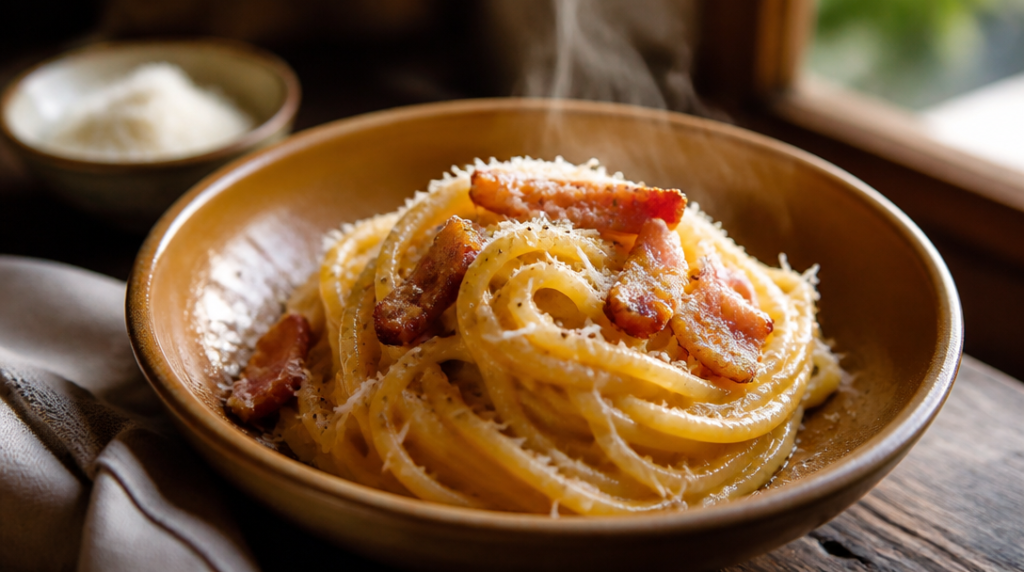 Spaghettis carbonara crémeux au parmesan et guanciale