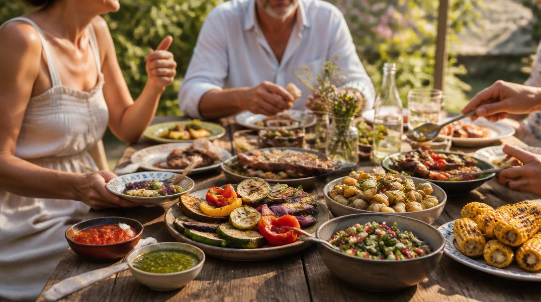 Accompagnement barbecue rapide avec salades légumes et sauces