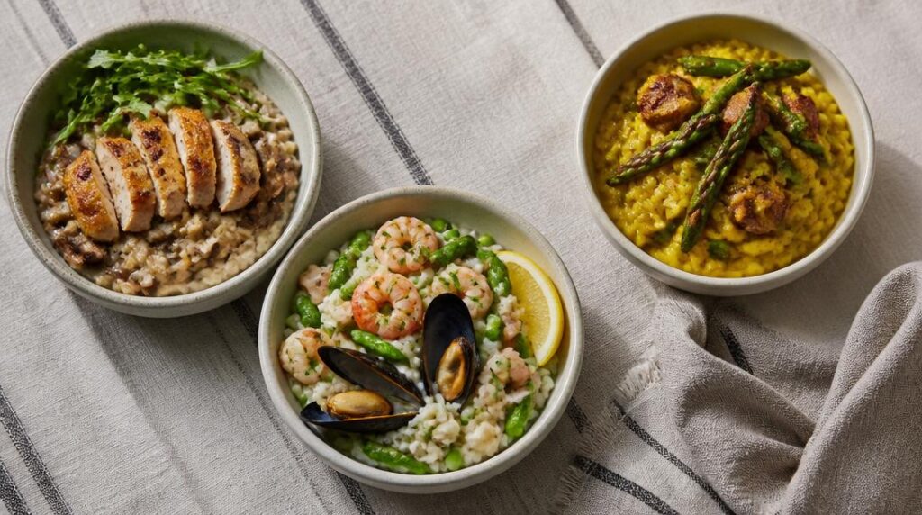 Trois risottos accompagnés selon leurs saveurs