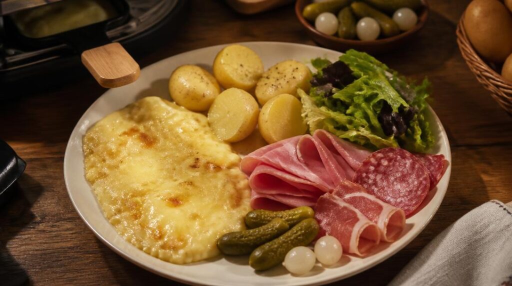 Assiette de raclette avec fromage pommes de terre charcuterie
