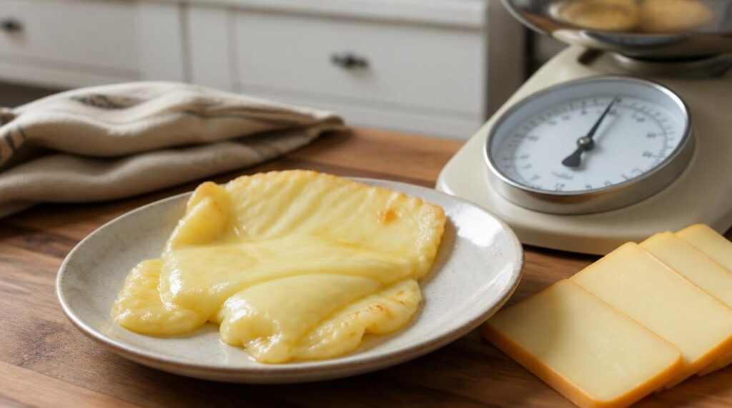 Portion de fromage à raclette pesée sur balance