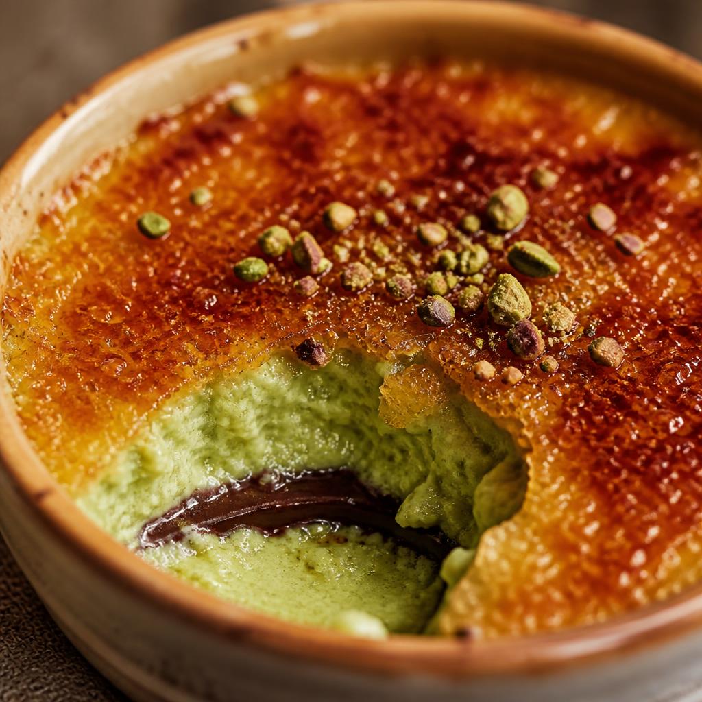 Crème brûlée pistache avec ganache chocolat noir