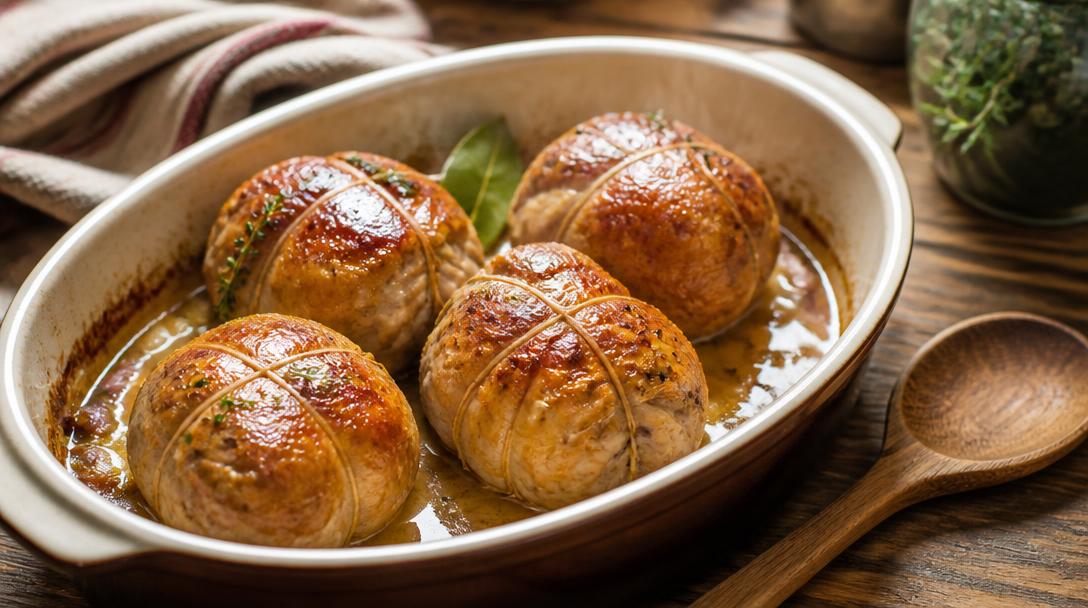 Cuisson des paupiettes de porc dans un plat