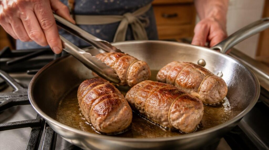 Paupiettes de porc dorées dans une poêle