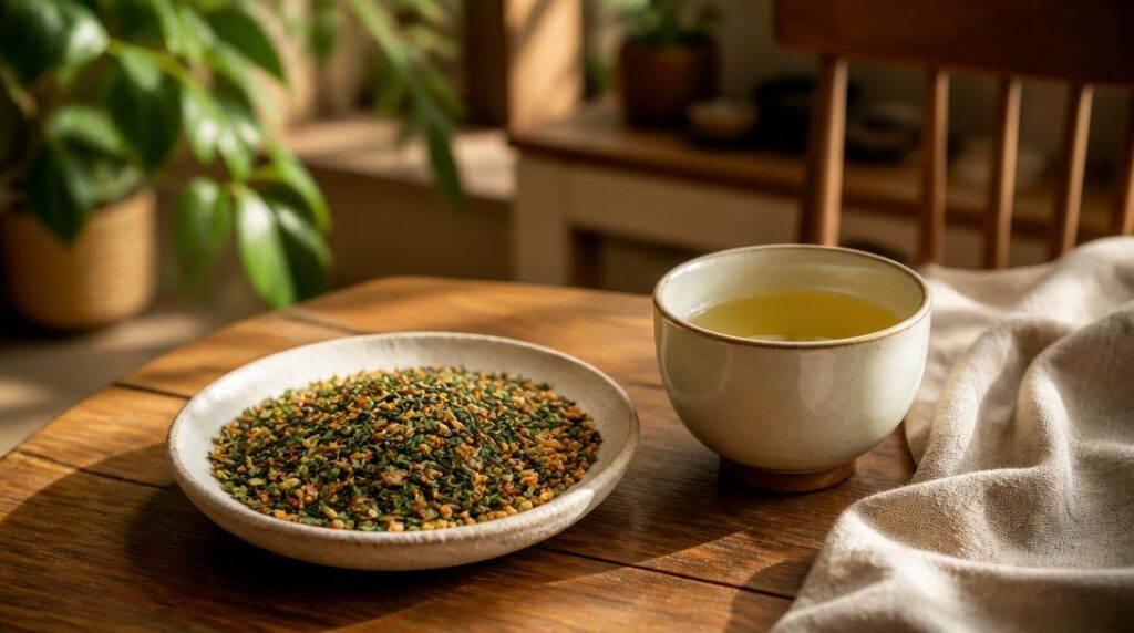Genmaicha japonais avec feuilles vertes et riz grillé