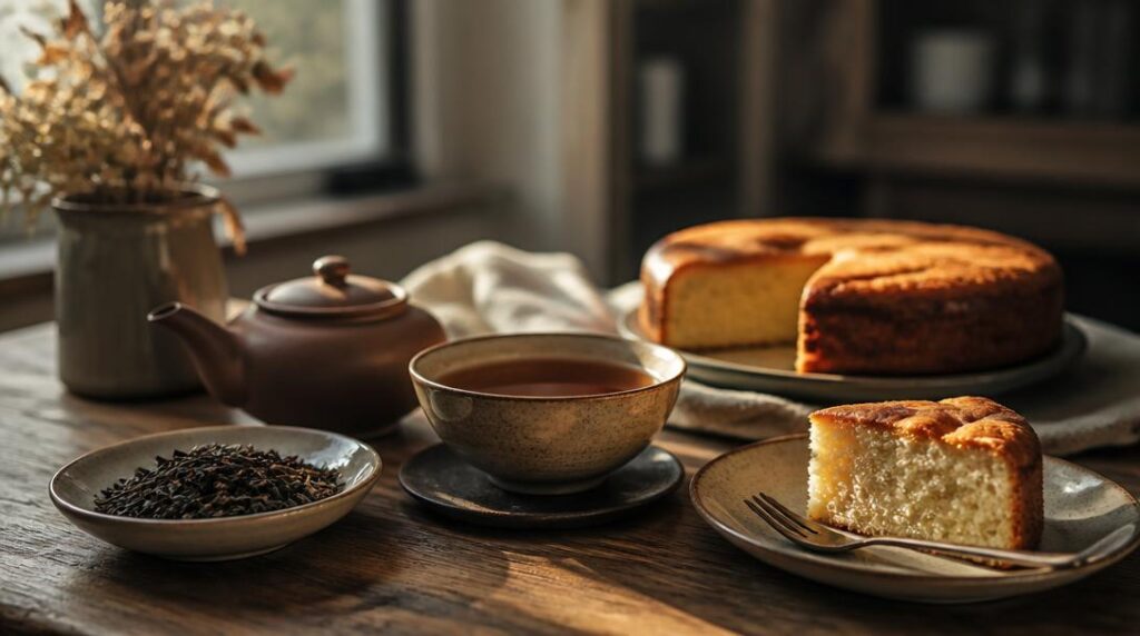 Hojicha torréfié servi avec un gâteau maison