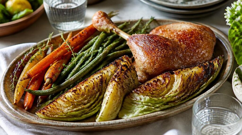 Légumes rôtis et haricots verts avec canard confit