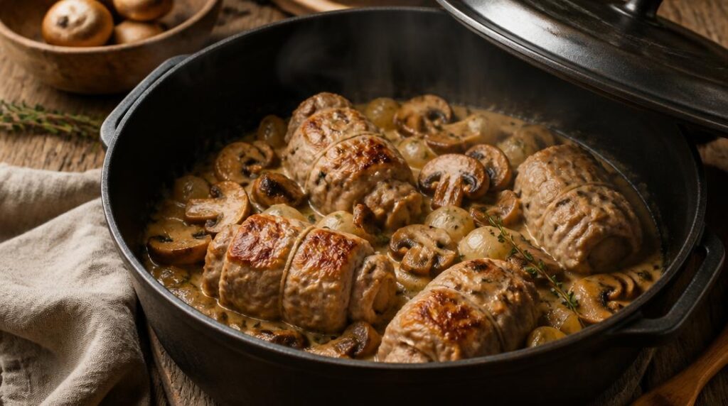 Paupiettes de porc en cocotte sauce champignons